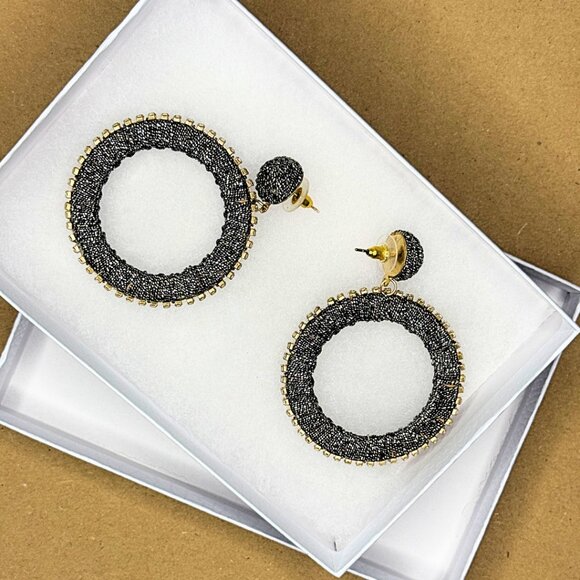 Black And Gold Jeweled Lightweight Hoop Earrings, 2", Party In Style, NWOT - Picture 1 of 3